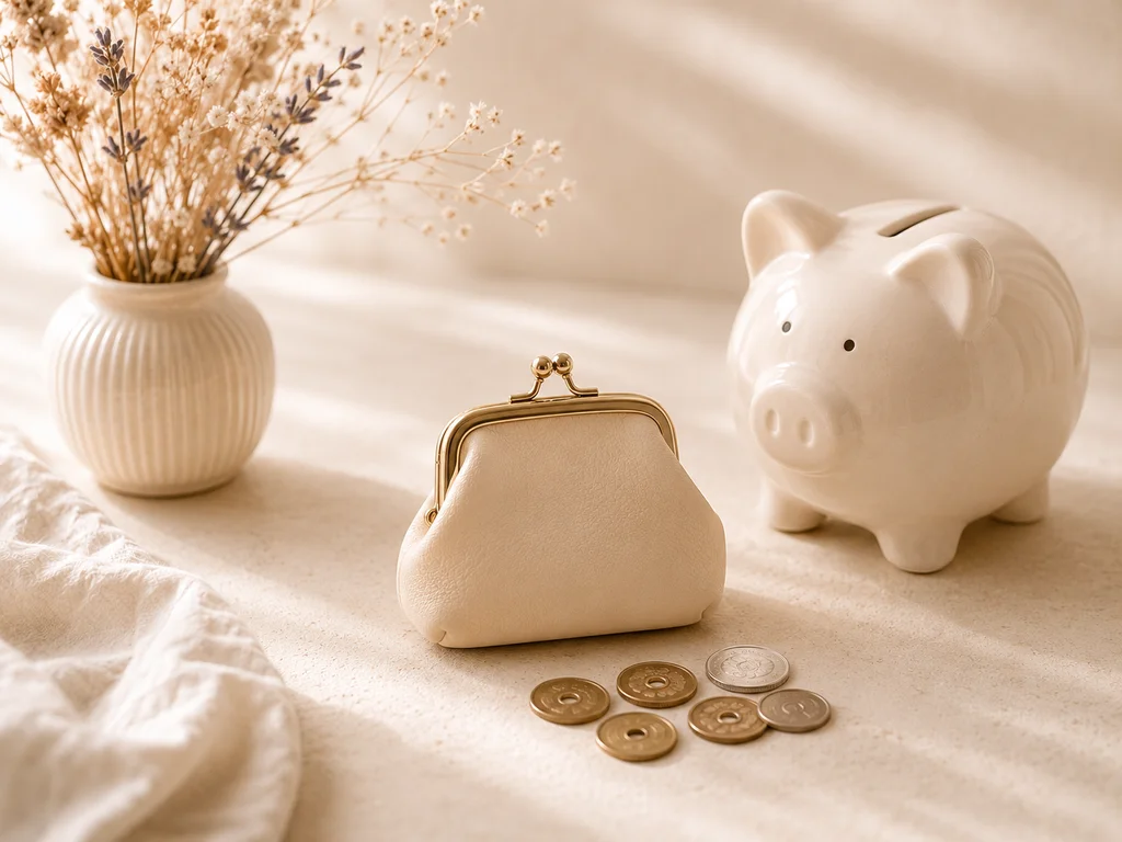 がま口財布と硬貨、豚の貯金箱。毎月の固定費がかからないことを表す静物