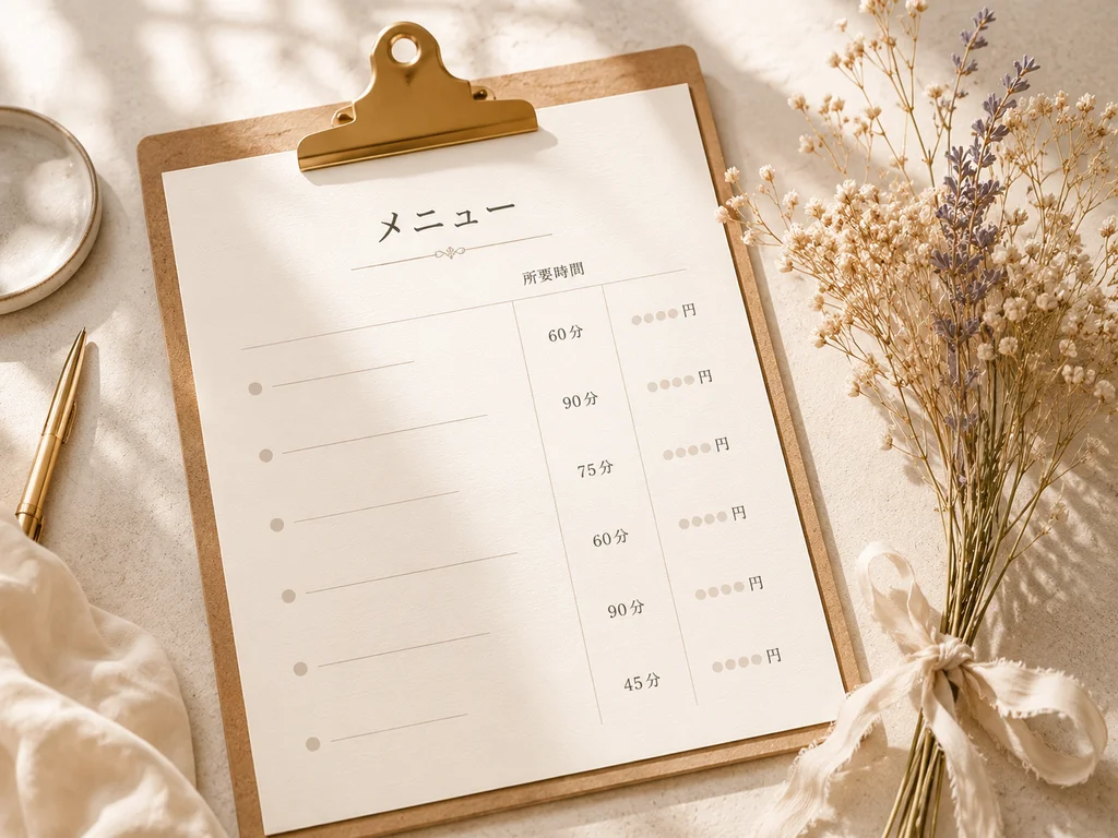 クリップボードに挟まれたお店のメニュー表。メニュー名・所要時間・料金の欄が並ぶ