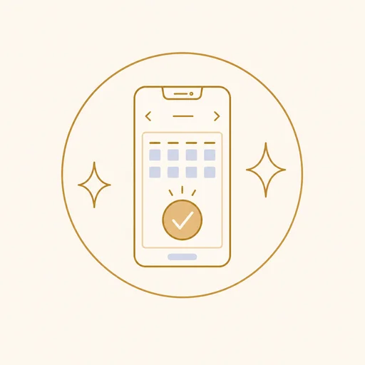 確認・納品のアイコン。スマートフォンの予約カレンダーにチェックマーク